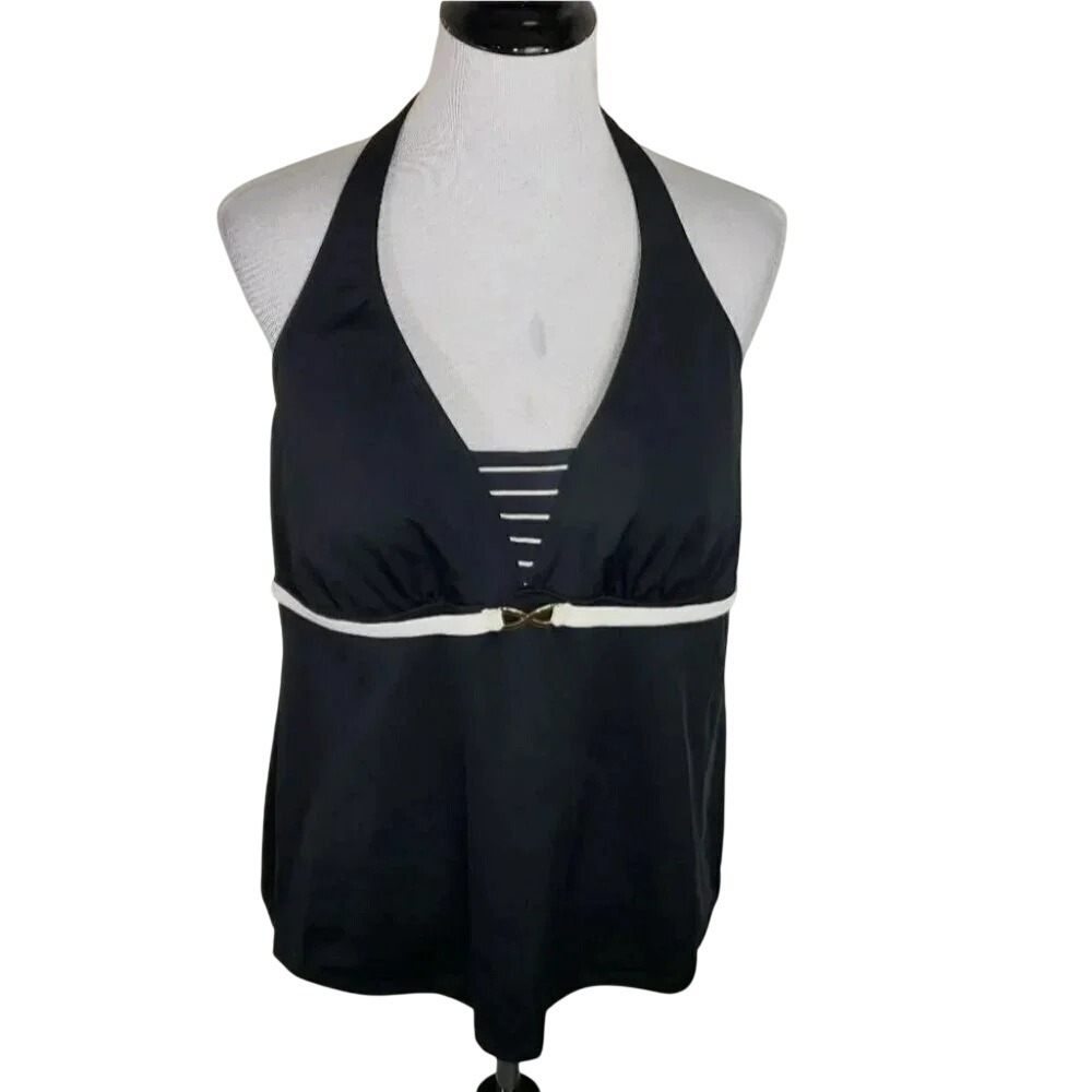 Tropical Escape Tankini Top 18 Black Halter V-Neck Striped Inset Nautical Empire